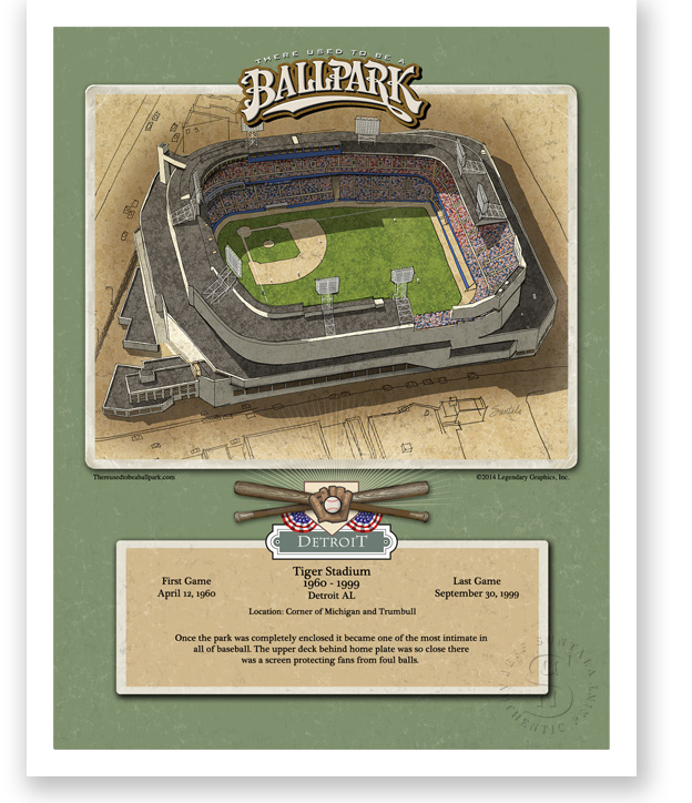 Poster featuring historically accurate illustration of Tiger Stadium Detroit