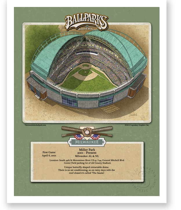 Poster featuring illustration of aerial view of Miller Park