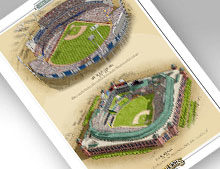 thumbnail of print featuring Arlington Stadium and Globe Life Park