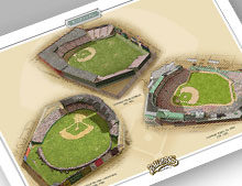 Thumbnail of print featuring all three Boston Red Sox ballparks.