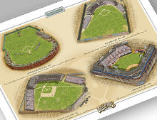 Thumbnail of 13" x 19" print featuring four major Brooklyn ballparks