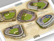 Thumbnail of 13" x 19" archival print of all 5 NY Yankee ballparks.