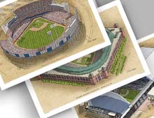 Three individual prints, each of a different Texas Rangers ballpark.