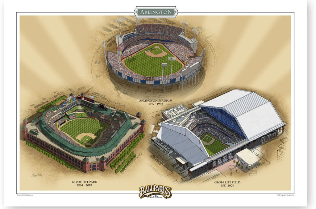 Horizontal print featuring artist renderings of aerial views of Arlington Stadium, Globe Life Park and Globe Life Field
