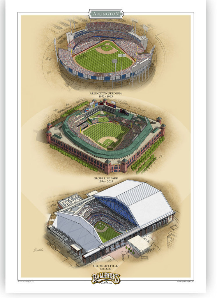 Artist renderings of aerial views of Arlington Stadium, Globe Life Park and Globe Life Field