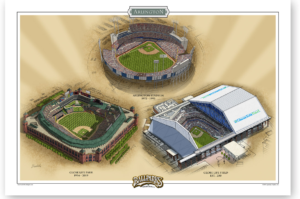 print featuring aerial views of all three Texas Ranger ballparks.