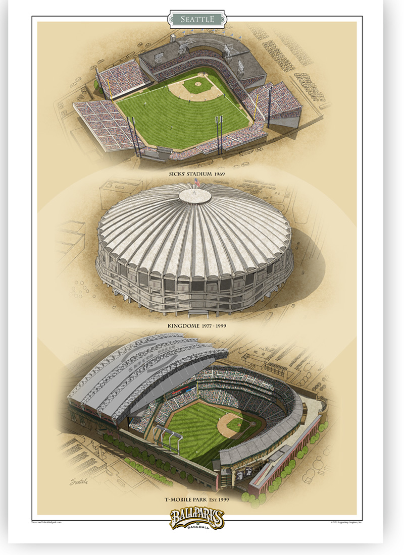 Print featuring three Seattle ballparks. Sicks' Stadium, Kingdome and T-Mobile Park.